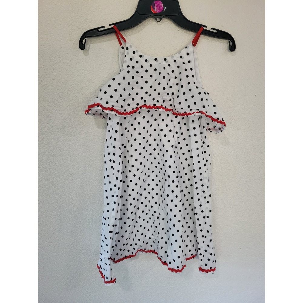 Isaac Mizrahi Girls Polka Dot Ruffle Sundress White Black Red Ric Rac Size 6X #5
